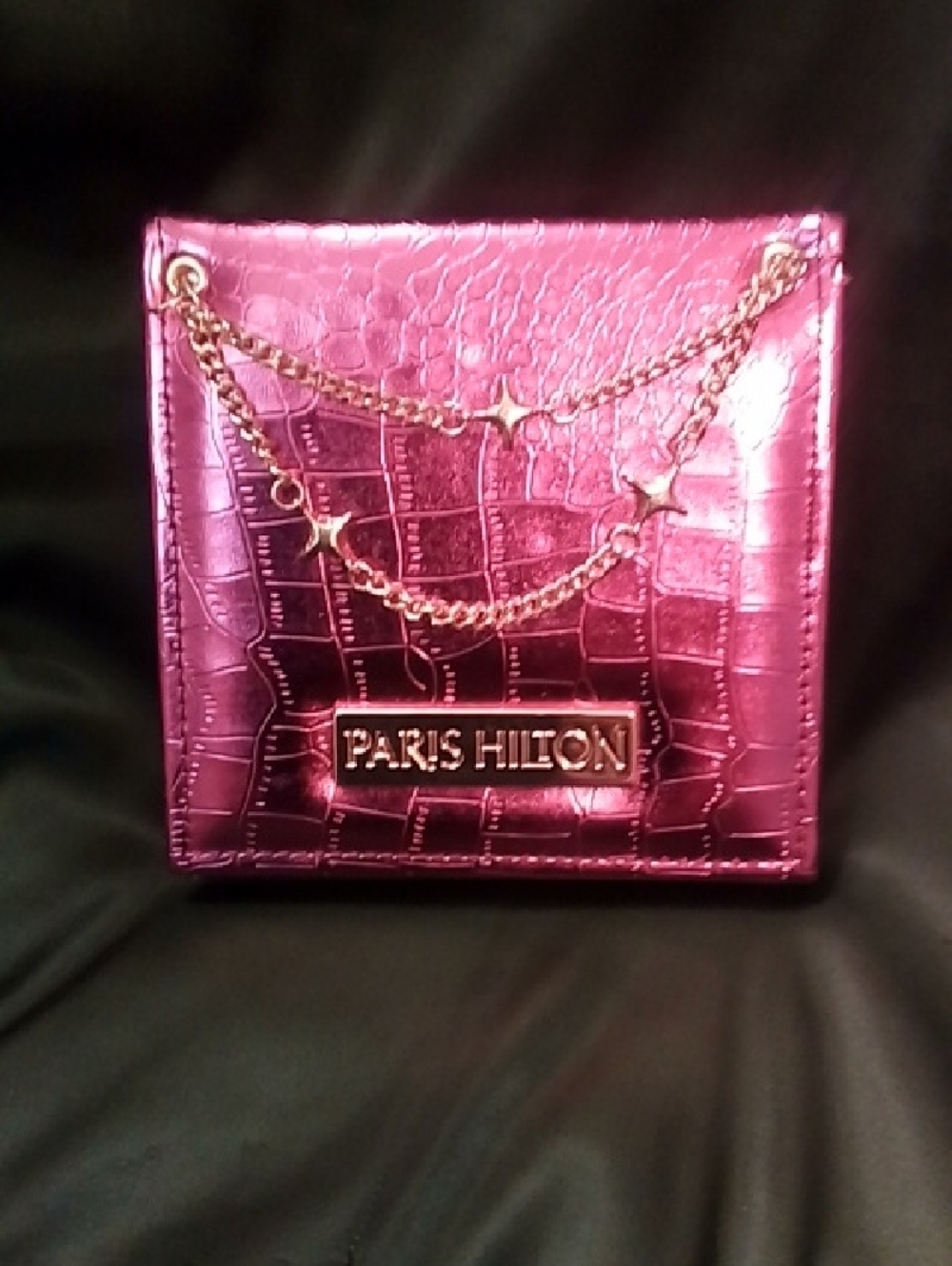 Paris Hilton Metallic Pink Croc-Embossed Eyeshadow Pallet with Gold Chain Detail